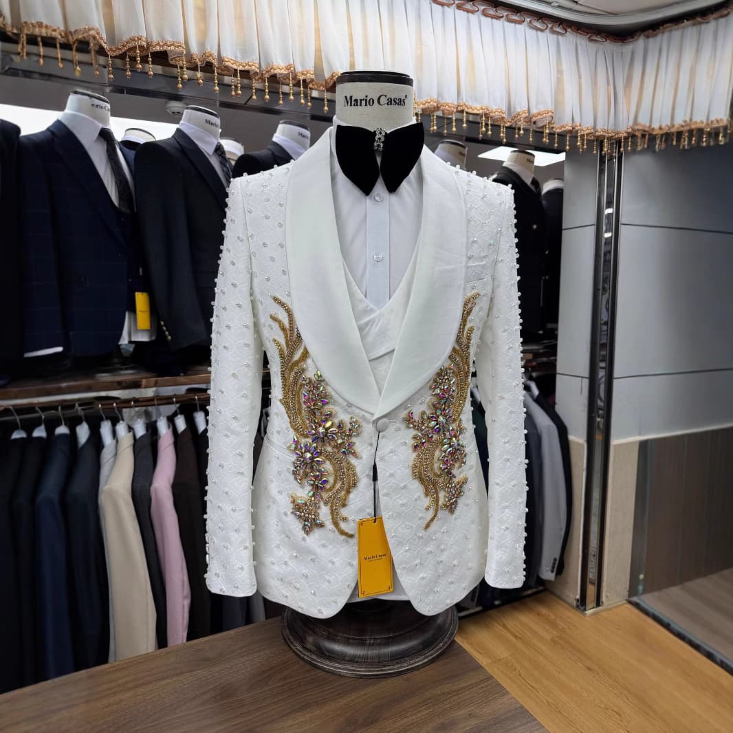"Men's 3-Piece Suit Set | Slim Fit Wedding & Business Suit | Breathable Acetate Fabric | White Formal Outfit (Jacket + Pants + Vest) | XS-XXXL"