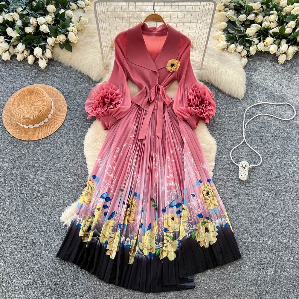 Pleated Floral Print Dress With Lantern Sleeves – Issey Miyake-Inspired Ruffle Wrap Waist Maxi Dress For Fall, Elegant Boho Chic