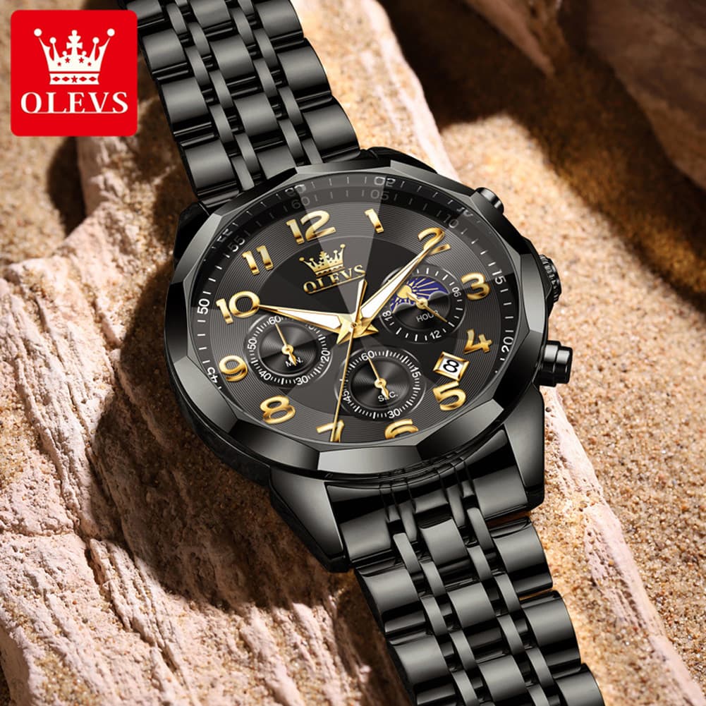 Men Watch Original Multi Functional Timing Quartz Watch Moon Phase Watch Waterproof Luminous Luxury Brand Men Watch