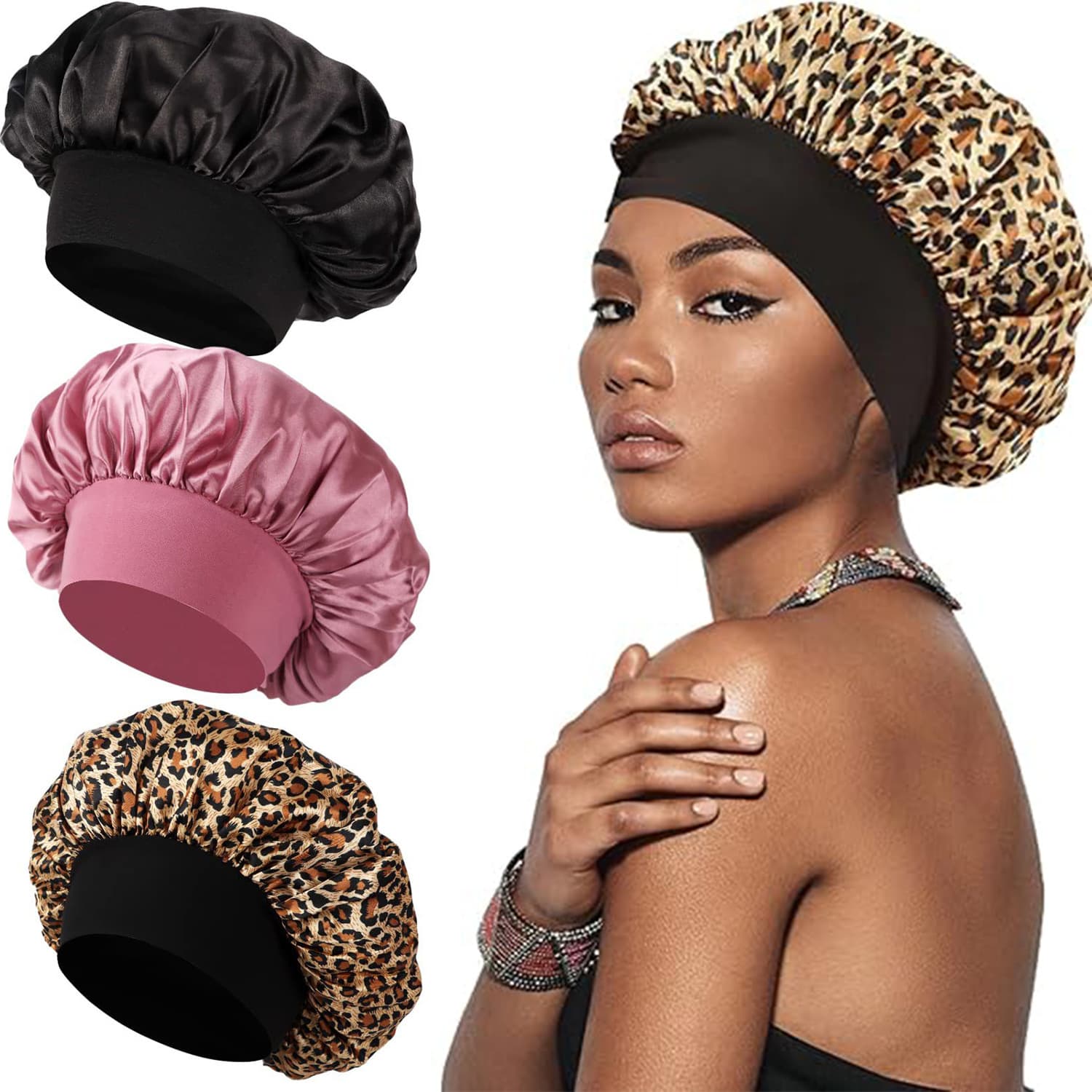 Leopard Print Sleep Cap – Satin Lined Hair Bonnet (Wide Brim & Waterproof)