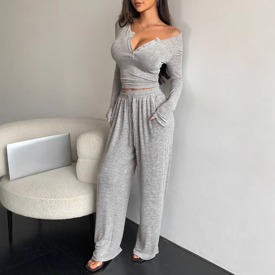 Women's Clothing Autumn New Suits Long Sleeved Buttoned Solid Color Tight Top Plus Trousers Two Piece Suit For Women