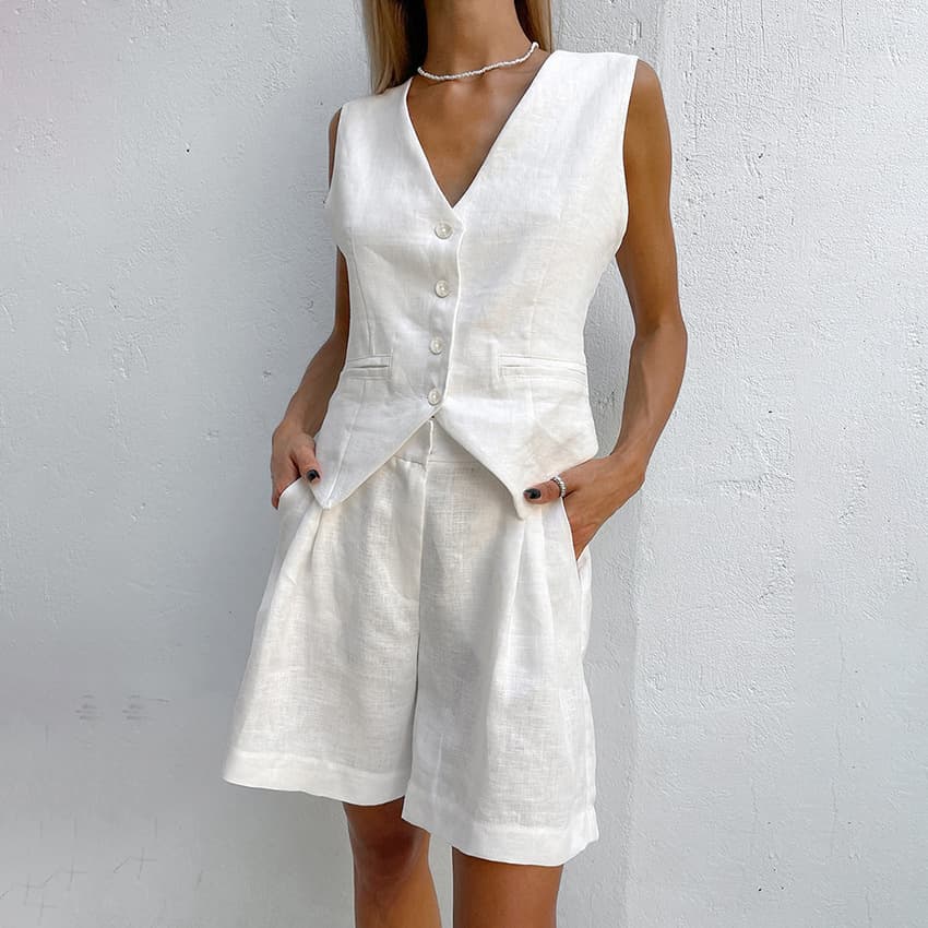 Women's cotton and linen suit vest women's summer casual sleeveless vest shorts two-piece set