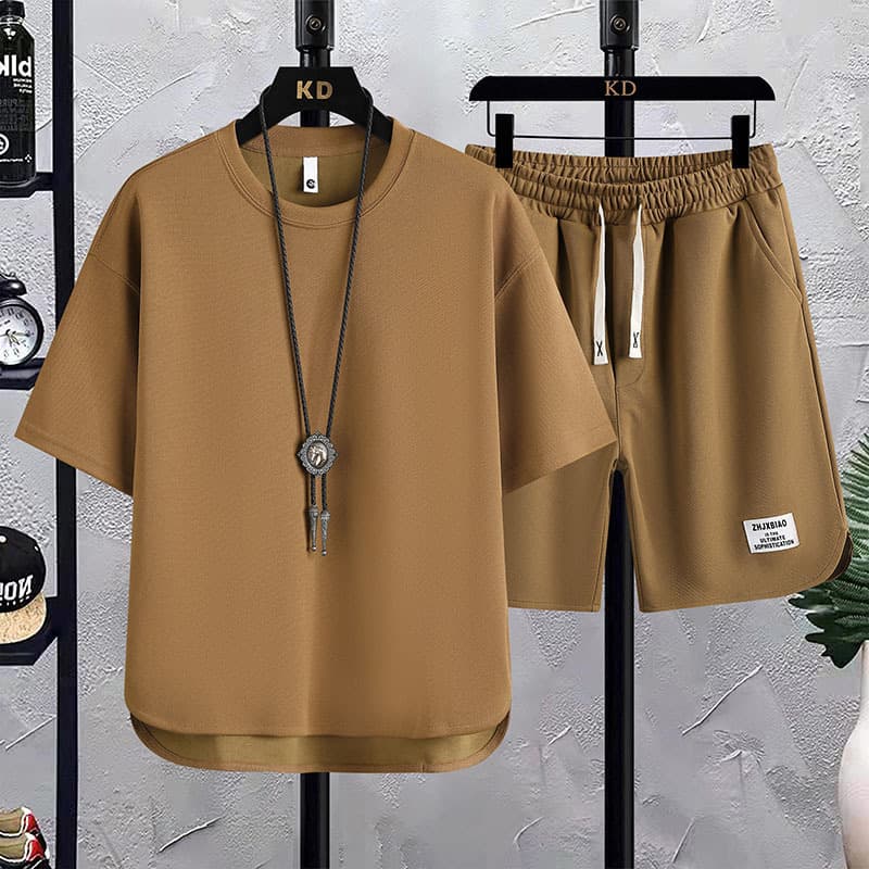 Men's Clothing Fashion Suit Waffle Short Sleeved T Shirt Trendy Loose Trendy Sports Casual Two Piece Suit