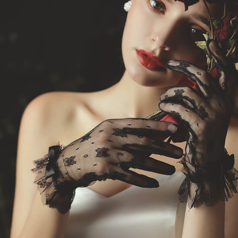 Unisex Black lace thin wedding gloves Short black sexy dress dinner show accessories