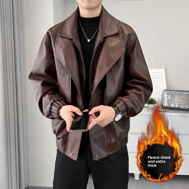 Leather Jacket Men's Leather Jacket Fleece Casual Jacket