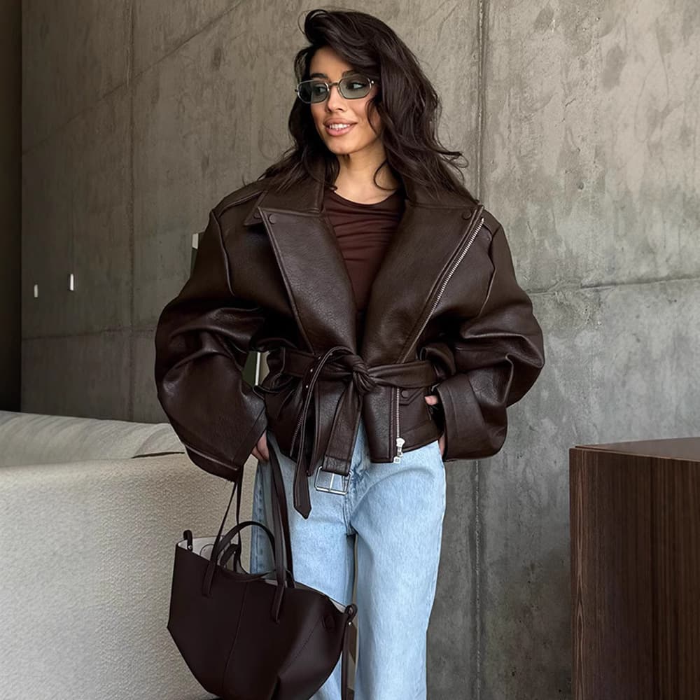Women's Clothing Short Belted Faux Leather Jacket - Elegant Lapel Cropped Coat For Spring & Fall (Brown, S/M/L)