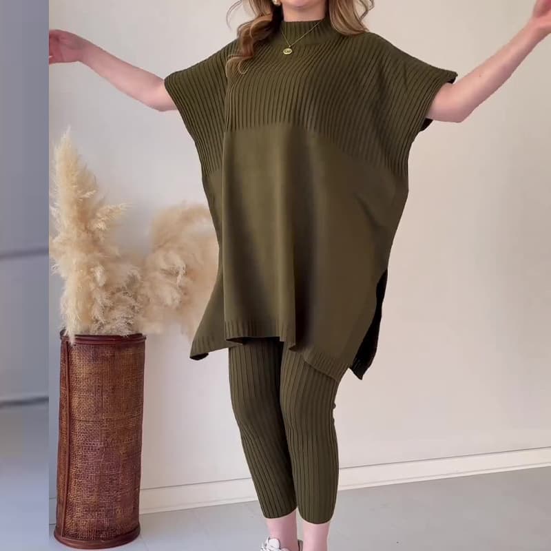 Women's round neck bat shirt large size loose sweater casual two-piece set