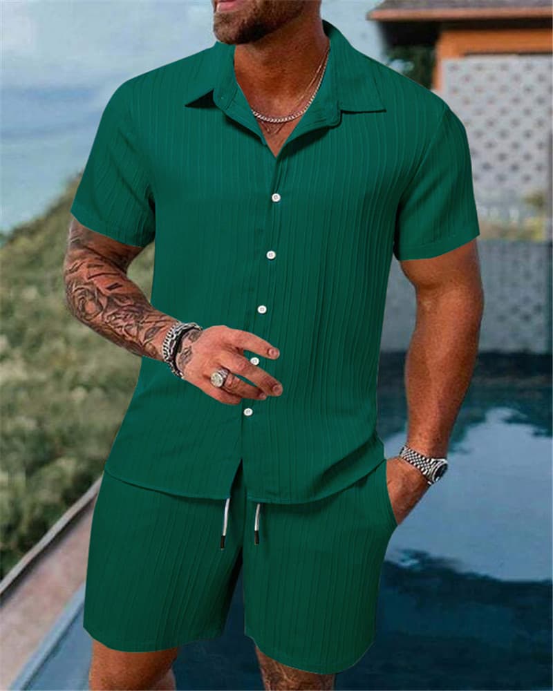 Chemise à revers rayée pour hommes, short, costume de sport décontracté à la mode