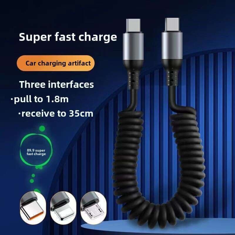 100W Dual Head Fast For Car Mounted 6A Telescopic Data Charging TypeC Spiral PD Spring Line