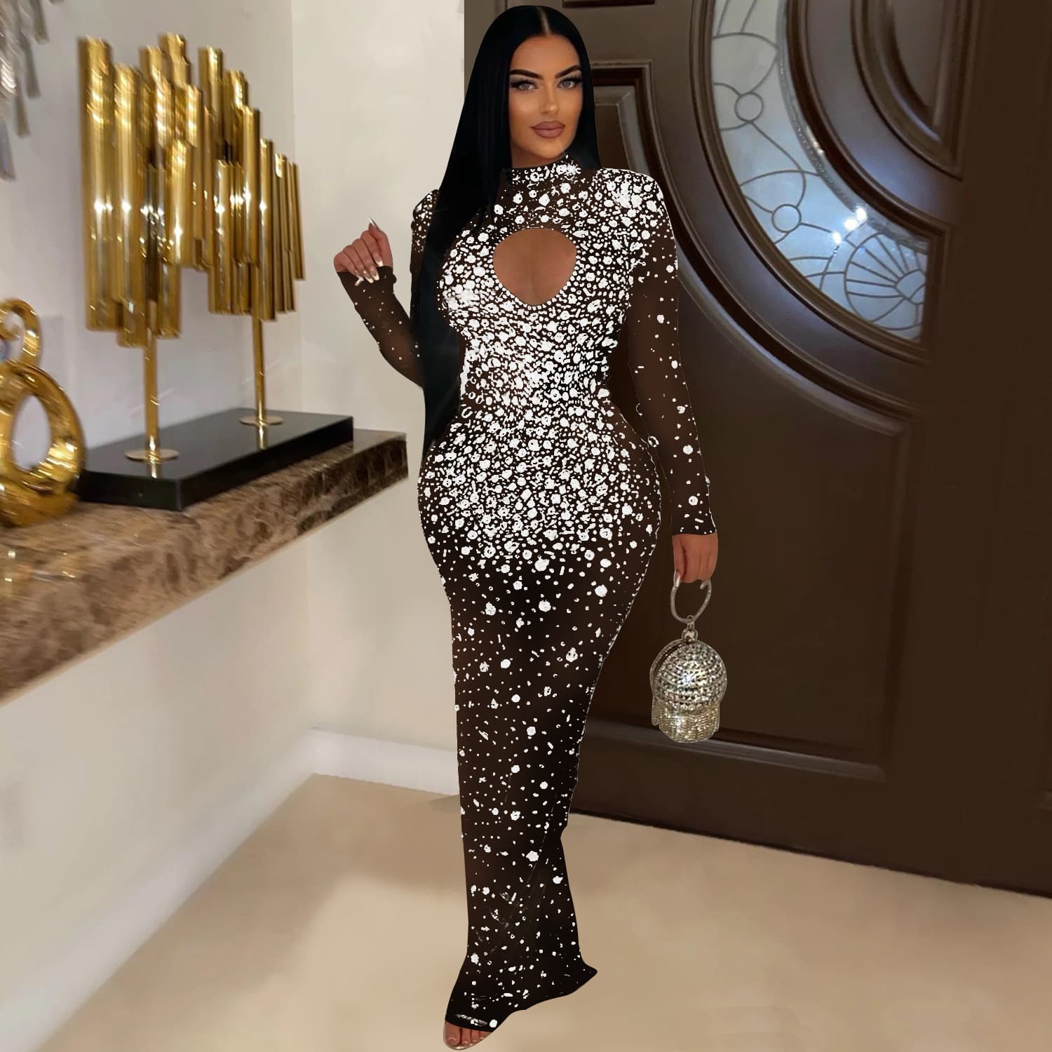 Women's Clothing Round Neck Hot Diamond Dress Long Skirt