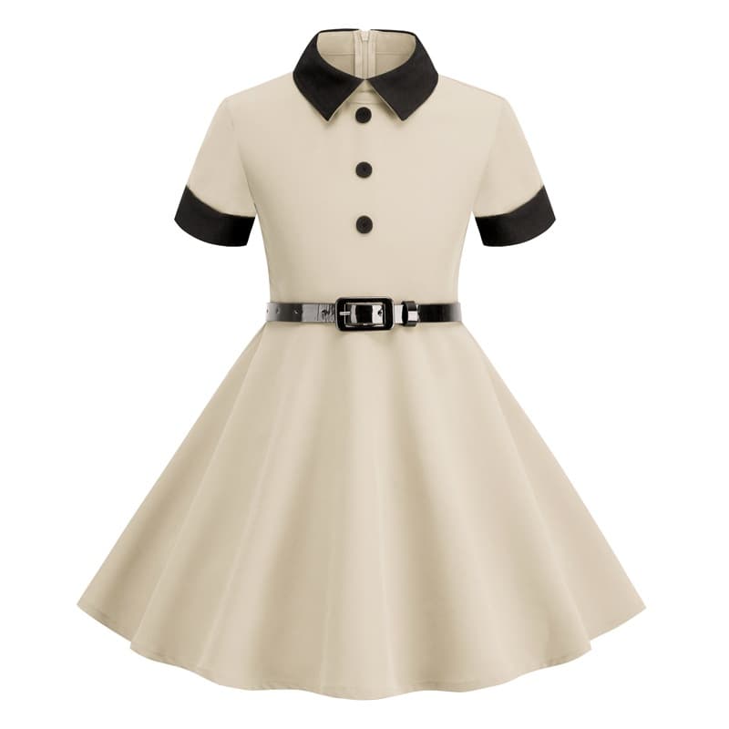 Mother & Kids European and American girls' clothing foreign trade dress short-sleeved belt stitching retro children's clothing dress