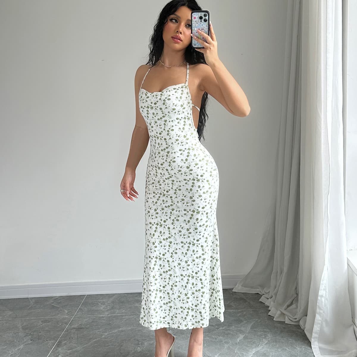 Women's Clothing Fashion Sweet Floral Sexy Backless Halter Neck Sleeveless Slit Midi Dress