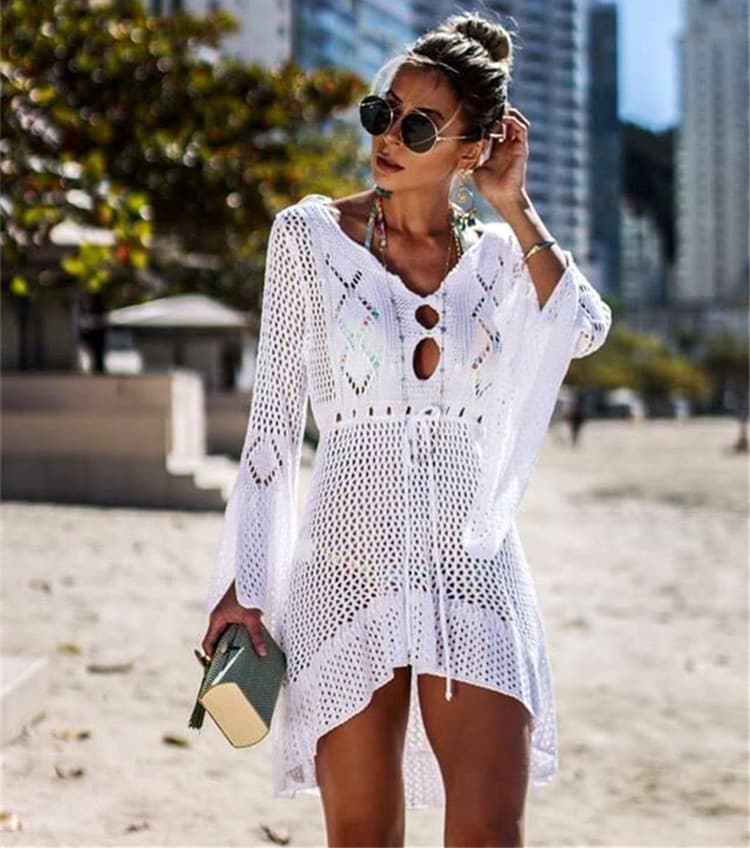 New Style Knitted Hollow Beach Cover-up Holiday Bikini Swimsuit Sun Protection Shirt For Women Sun Protection Clothing