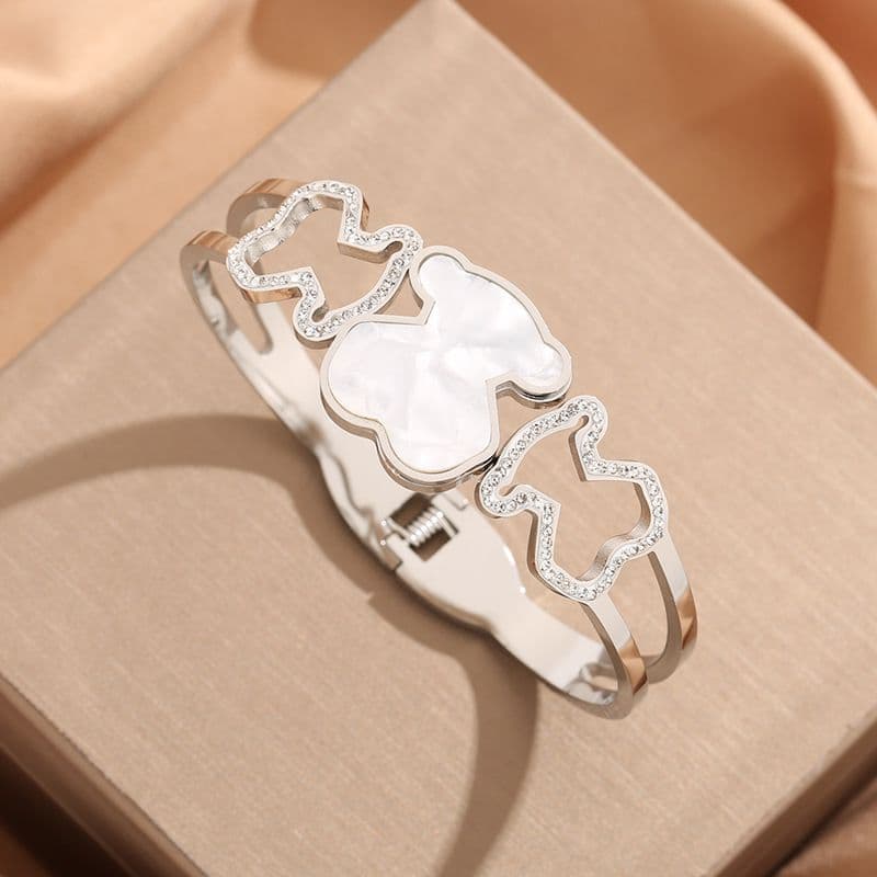 Bracelet Niche Fashion Bear en acier titane et coquillage blanc entièrement serti de diamants pour femme, style européen et américain, alliant lé