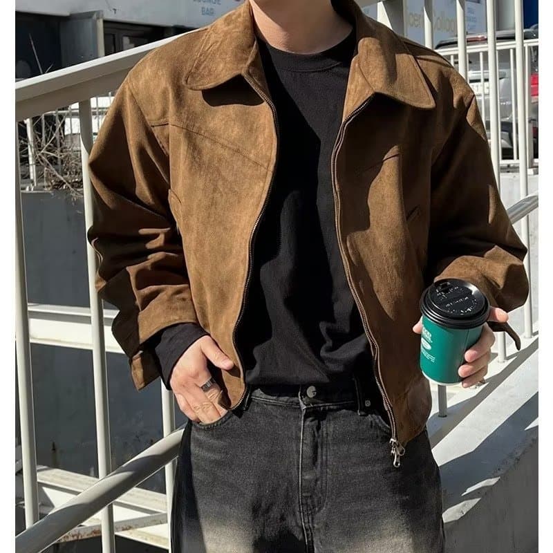 Veste courte en daim style rétro pour homme, coupe ample, élégante, zippée et à revers, vêtement d'extérieur décontracté pour le printemps et l'automne.