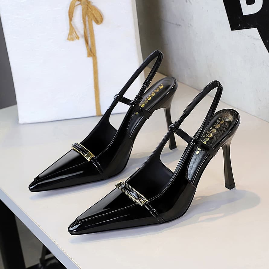 Women's Shoes Sexy Pointed Toe High Heels, Stiletto Heels, Super High Heels, Patent Leather, Metal Buckle, Open Back, And Strap.