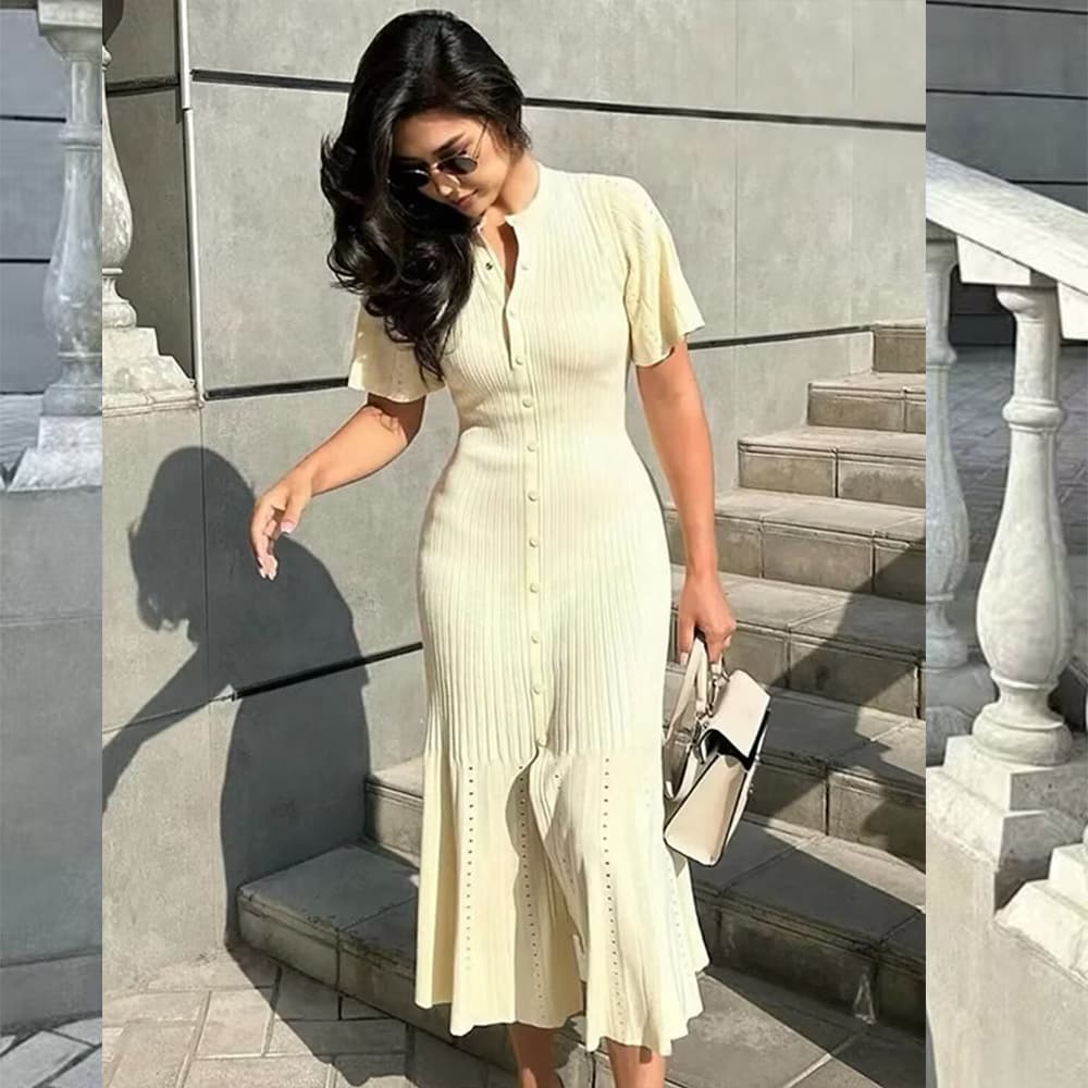 Women's Clothing Popular Summer Women's Fashion Simple Solid Color Button Short Sleeve Slim Knitted Dress
