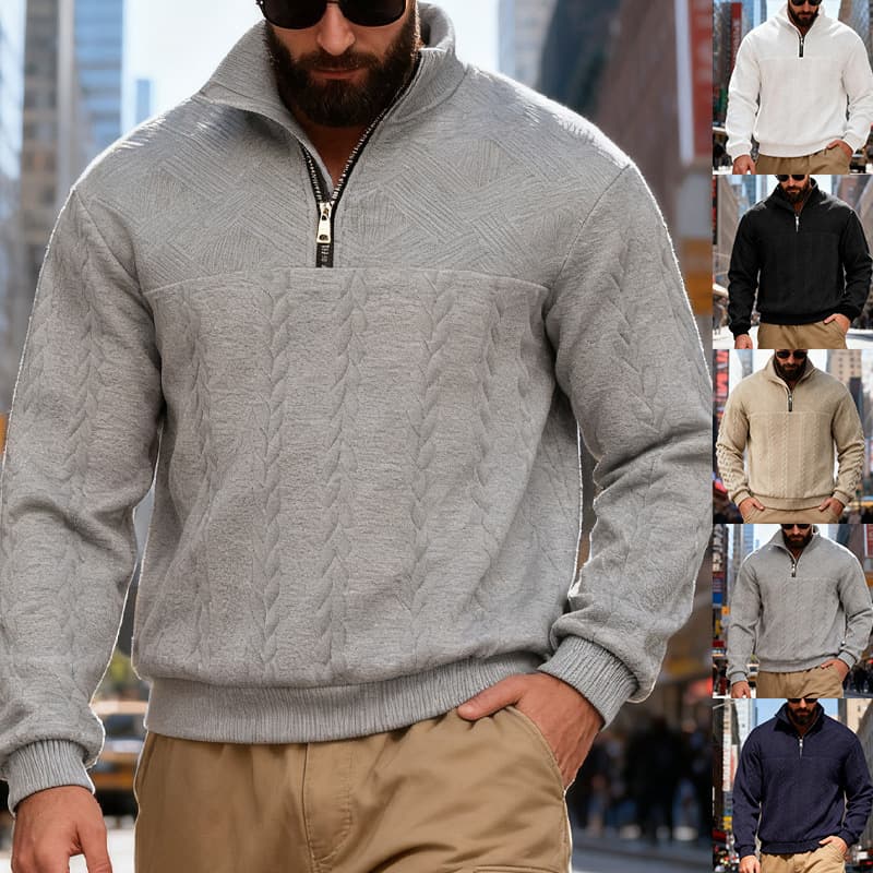 Men's Textured Jacquard Half-Zip Sweatshirt - Heavyweight Stand Collar Pullover With Unique Geometric Pattern, Relaxed Fit For Fall/Winter