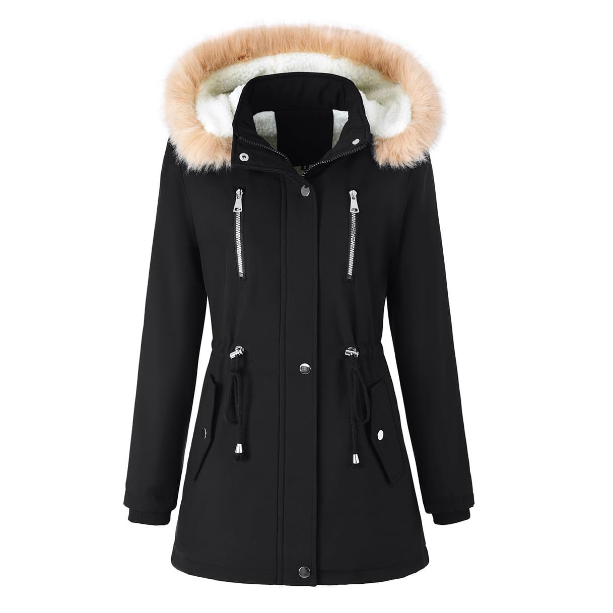 Women's Winter Parka Coat With Faux Fur Hood, Fleece Lined, Drawstring Waist, Warm Padded Jacket For Cold Weather​
