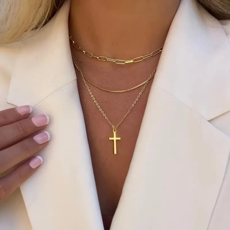 Vintage Cross Pendant Necklace For Women, Layered Chain Choker, Gothic & Boho Statement Jewelry, Adjustable Length For Casual & Evening Wear​