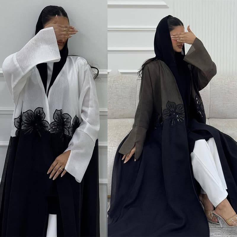 MQ210 Elegant Cross-Cultural Abaya With Detachable Open Front, 3D Applique & Crinkle Texture – Modest Long Dress For Women