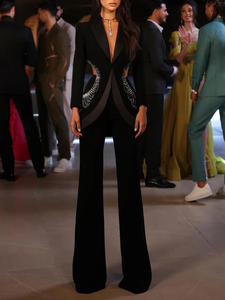 K New Star Personality Hollow-out Hot Diamond Suit Jacket And Trousers Two-piece Set