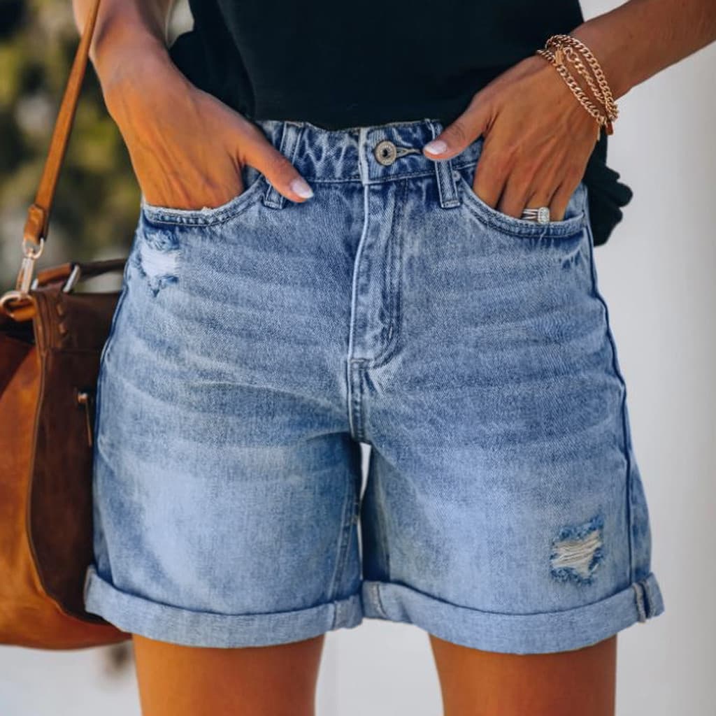 High Waisted Tassel Ripped Denim Shorts Women's European American Style Casual Straight Leg Hot Pants