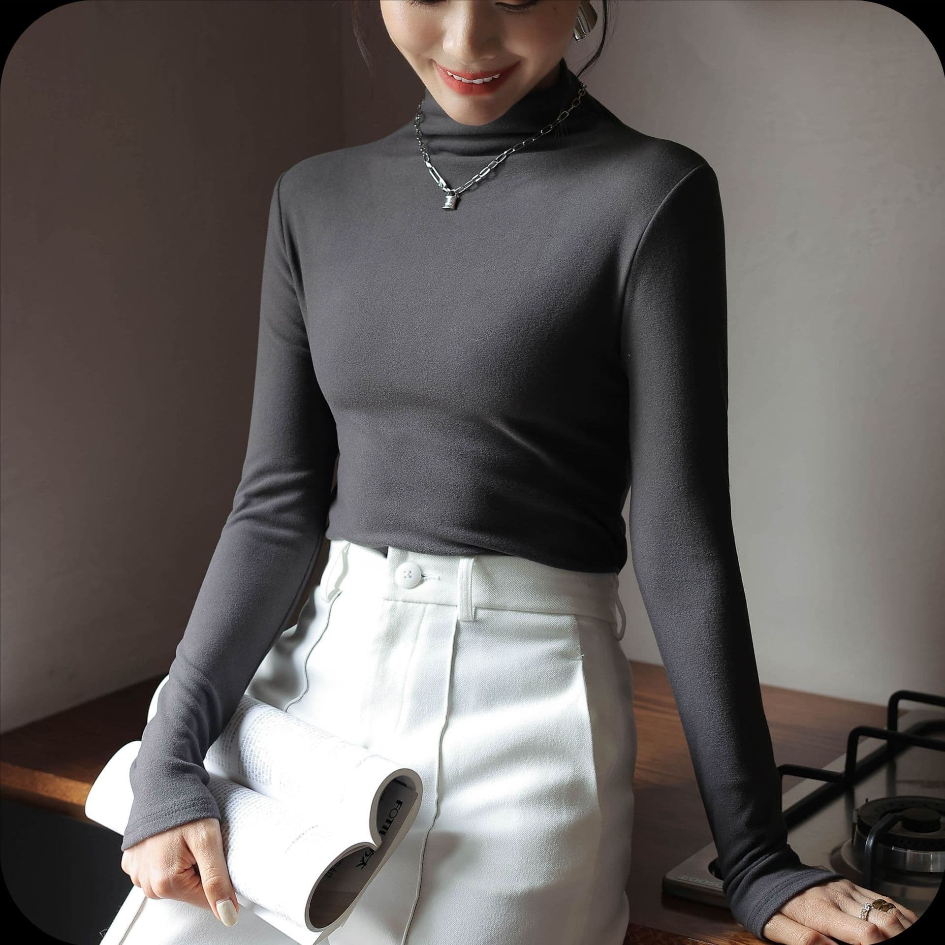 Women's Clothing Semi-High Neck Thermal Lined Shirt - Slim Fit Long Sleeve Base Layer For Women