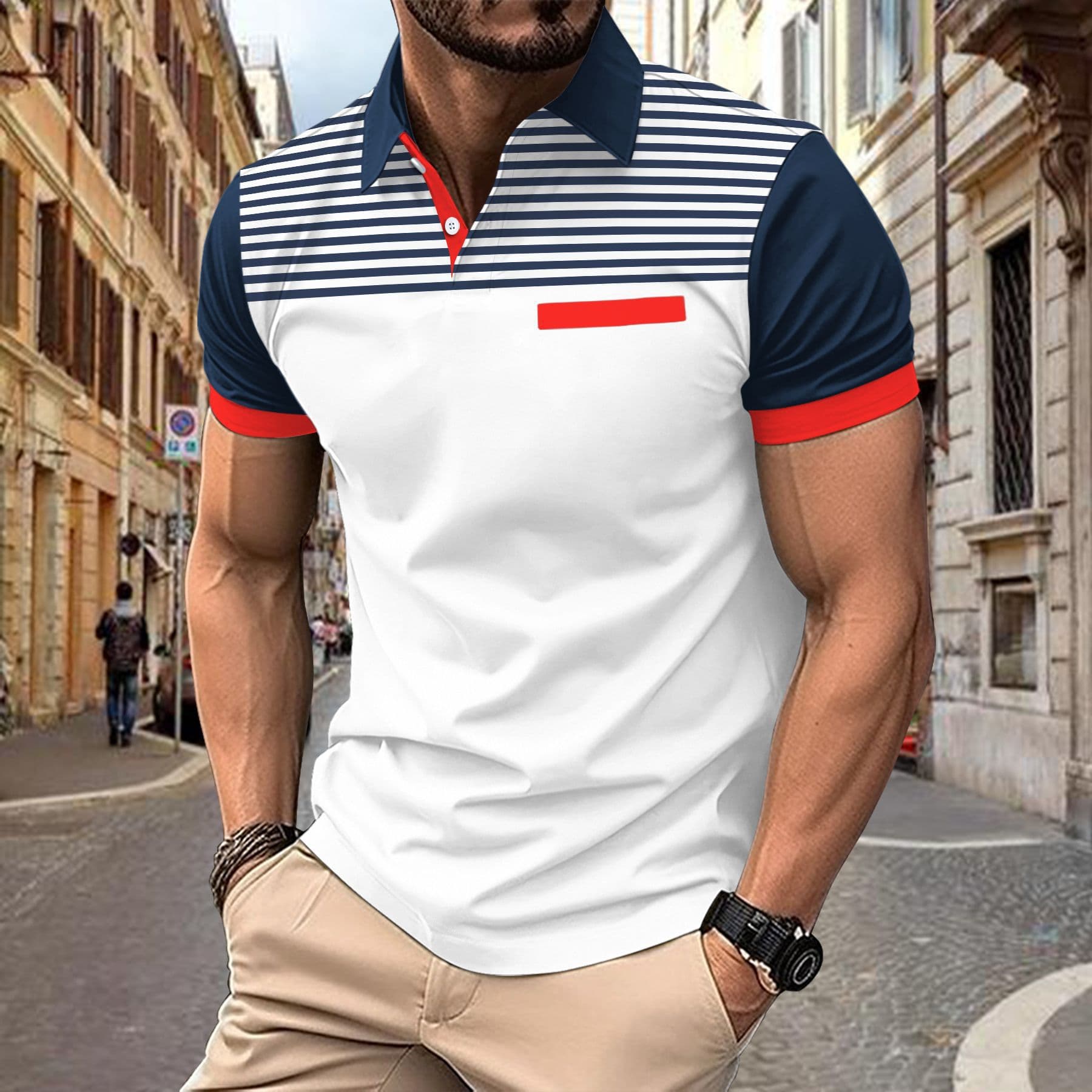 2025d Summer New Men's Casual Breathable Striped Print Short Sleeve Polo Shirt
