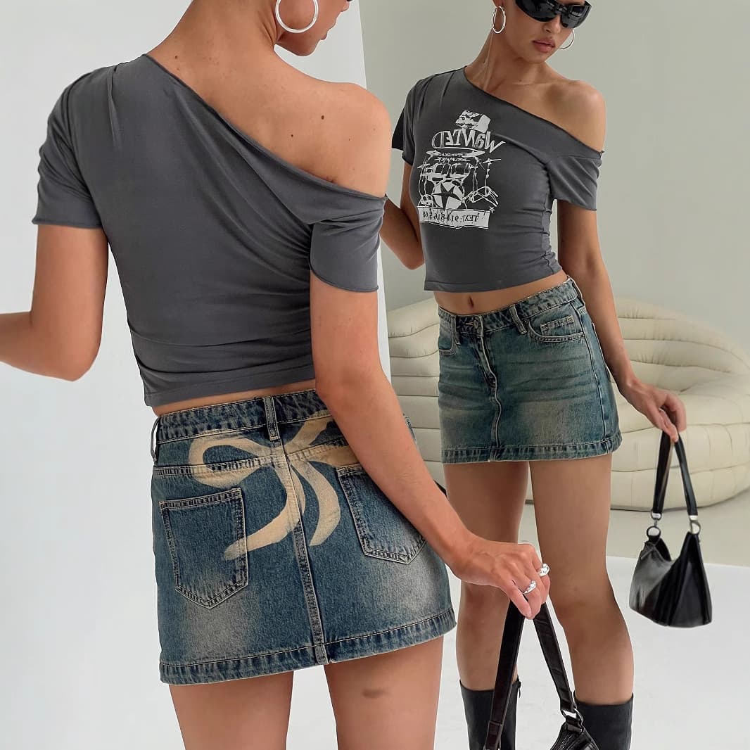 Women's Clothing Women's Elastic Denim Short Skirts With Prints New Women's Hip Skirts
