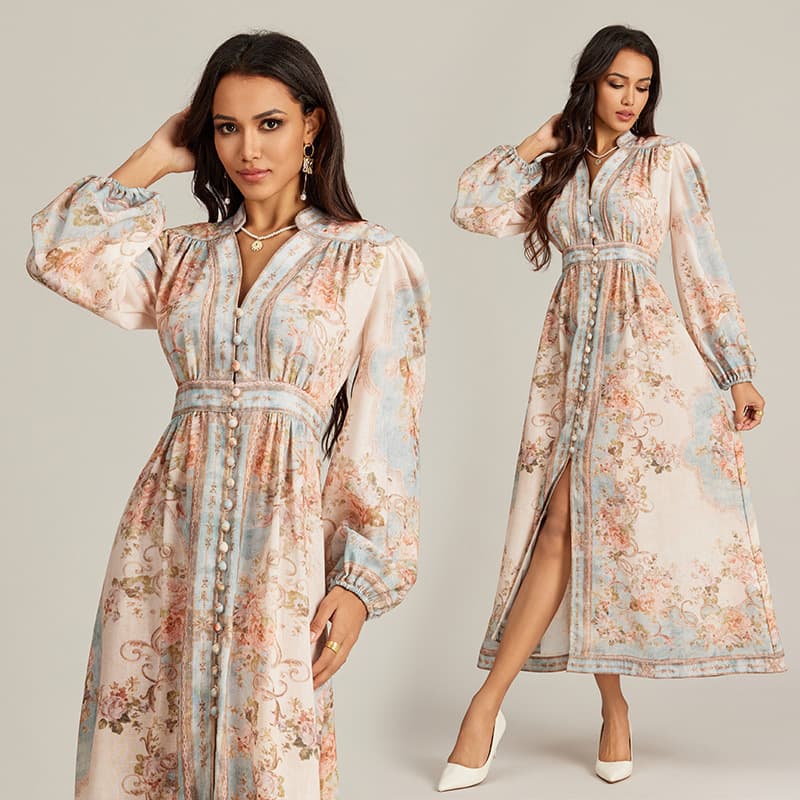 Women's Clothing Holiday Temperament Positioning Printing Single Breasted Long Sleeved Dress Female Holiday Style Retro Skirt Long Skirt