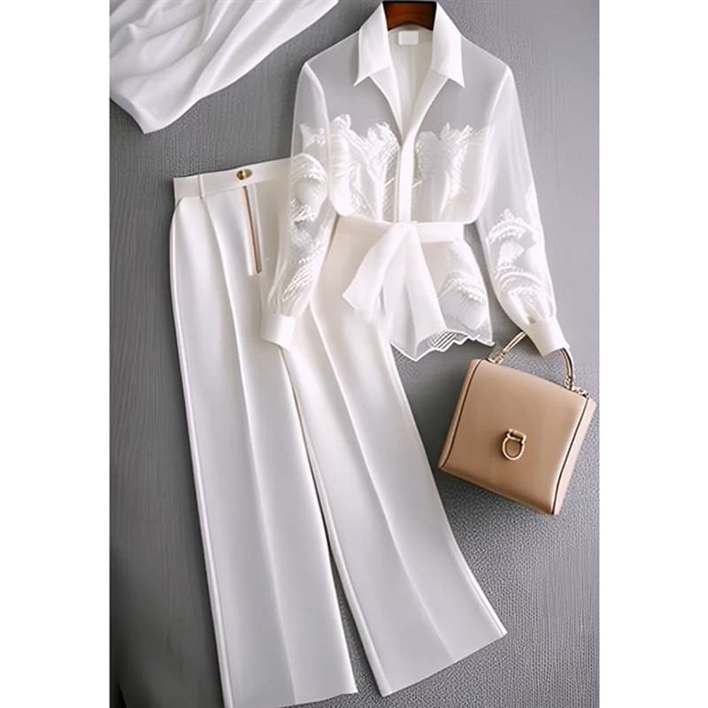 Women's Clothing Capable Temperament Women's Clothing High End Salty Light Mature Professional White Shirt Wide Leg Pants Two Piece Suit