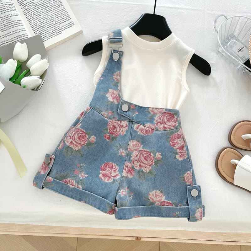 Kids’ Clothing Girls Summer New Suit Sleeveless Top Plus Printed Denim Shorts Two Piece Suit Baby Girl Fashion Suit