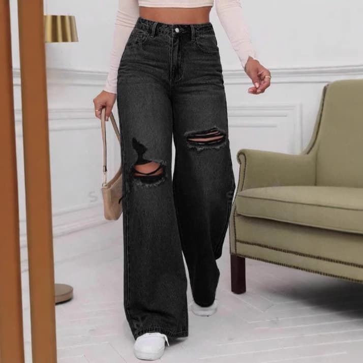 Women's Clothing Versatile Fashion Simple Ripped Ladies Wide Leg Pants