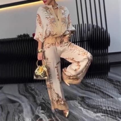 Women's 3D Printed Flower Pattern Fashion Set Zipper Drawstring Top & Pants European American Style Two-Piece Ensemble Spring/Autumn