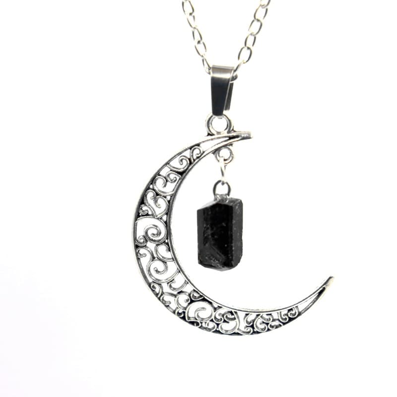 ​​Retro Black Tourmaline & Amethyst Crystal Necklace - Starry Sky Moon Pendant With Natural Stone Sweater Chain​