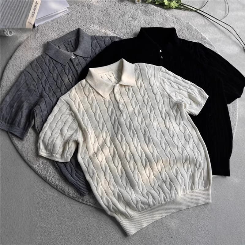 ​Men's Retro Knit Polo Shirt – Ribbed Texture & Breathable Short Sleeve (Classic Black/Grey/Khaki, Slim Fit, Summer Casual)​