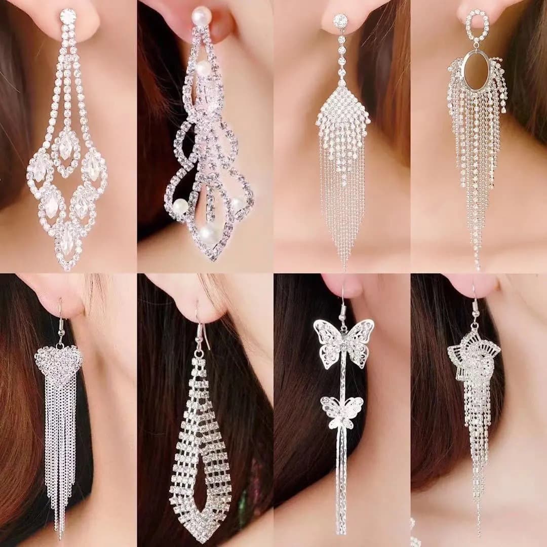 Korean Version Fashionable Elegant Rhinestone Geometric Sweet Slimming Tassel Earrings Crystal Light Luxury