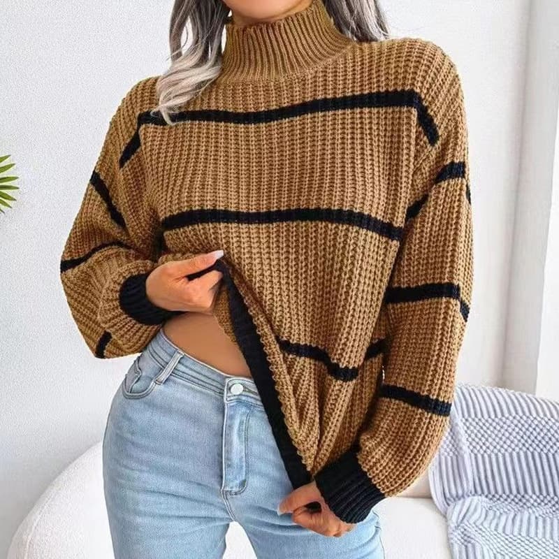 Women's Casual Stripe Knit Sweater, High Neck Loose Fit Long Sleeve Pullover, Soft & Comfortable Winter Top For Women