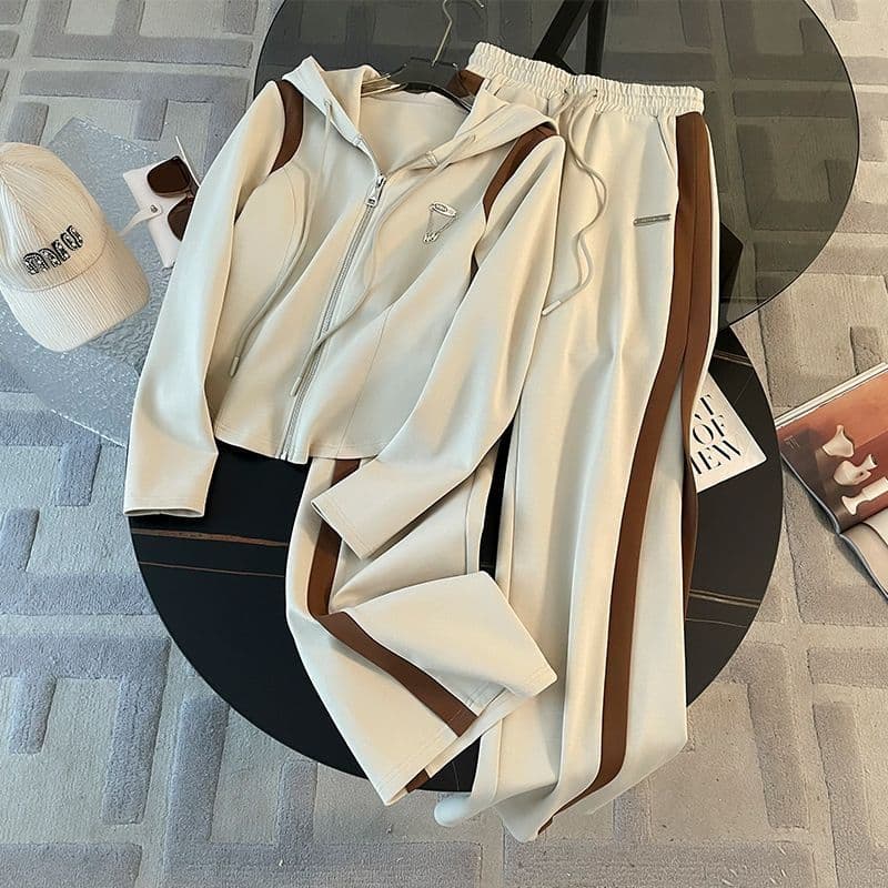 Women's Clothing Women's Casual Sportswear Set Hooded Sweatshirt & Wide-Leg Pants, Comfortable Two-Piece Outfit For Spring & Fall (Khaki)