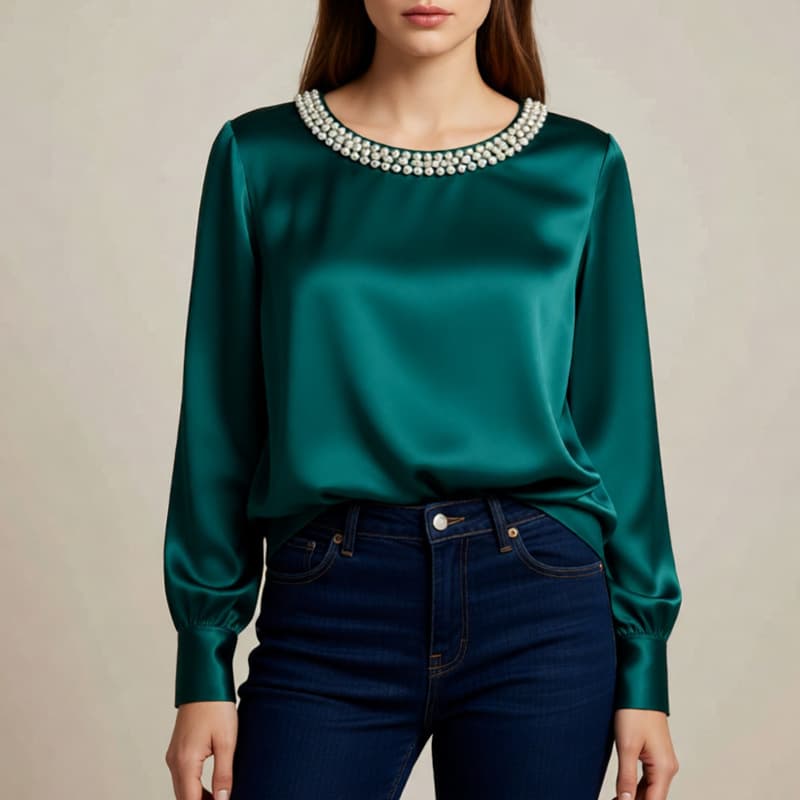 ​​Women's Pearl Neckline Satin Blouse - Elegant Long Sleeve Top For Work & Evening | Wrinkle-Resistant Polyester Shirt(Black, White, Beige, Green)​
