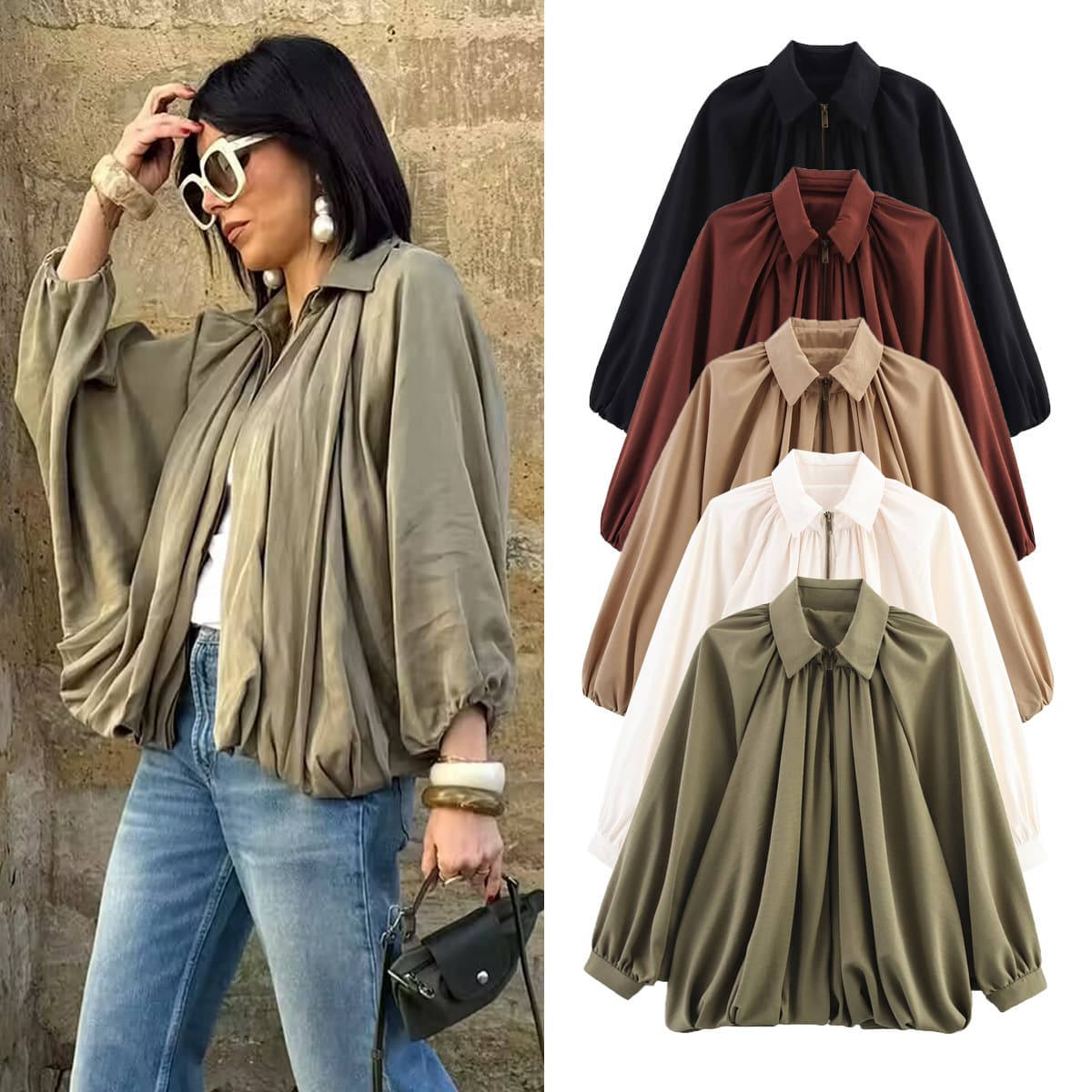 Oversized Puff-Sleeve Baseball Jacket – 90s Retro Lapel Coat (S-L, Olive/Beige/Khaki/Black/Rust)