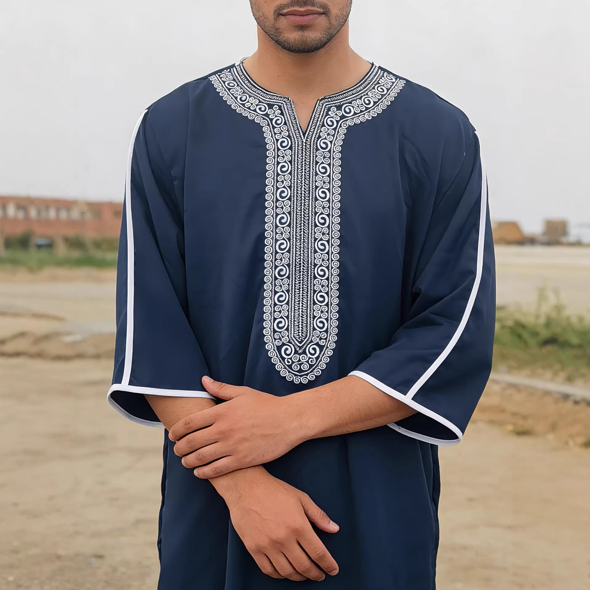 ​​Men's Ramadan Thobe With Embroidery – Premium Polyester-Spandex Islamic Robe (S-Xxl, Navy Blue) – Gandoura Style Modest Wear​​
