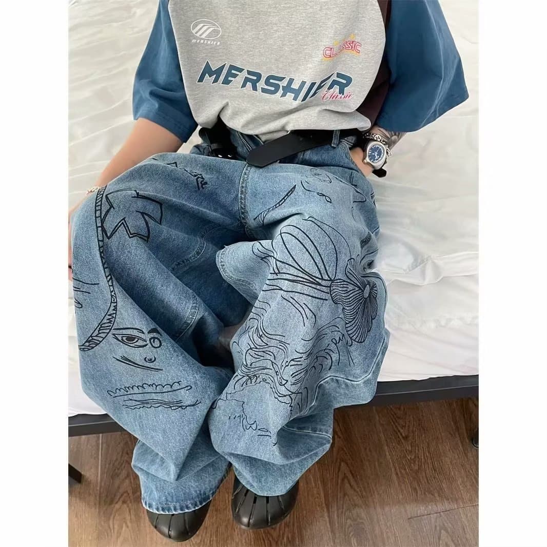 Men's Clothing Streetwear Graffiti Baggy Jeans – Oversized Vintage Denim (S-XXXL, 79% Cotton)