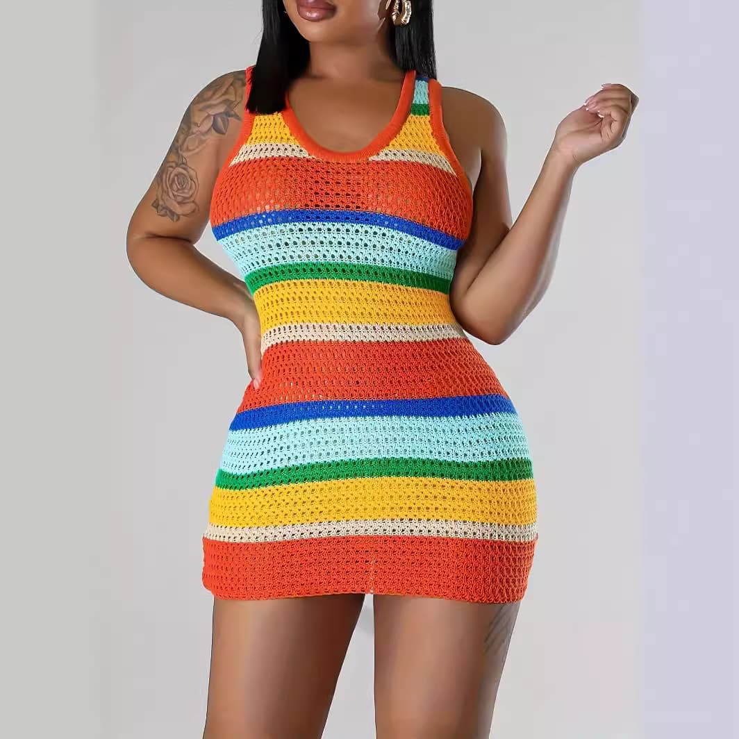 Women's crew neck sleeveless rainbow striped cutout knit vest dress