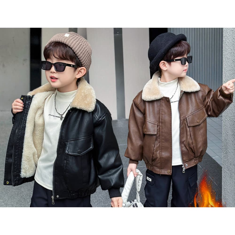 ALYCExiyuebaobao Boys' Fleece-Lined Leather 2025 Autumn Winter New Children's Thickened Jacket Baby Cargo Pants Two-Piece Set