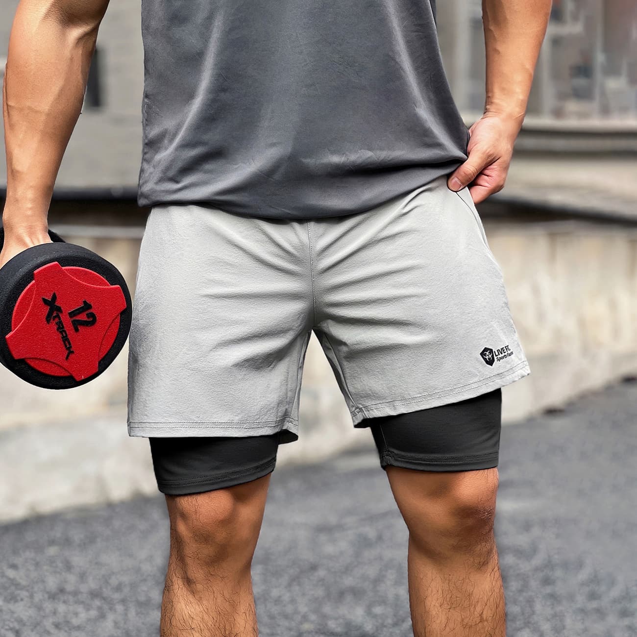 Men's quick-drying zipper shorts men's elastic fitness sports loose running casual fake two-layer pants basketball exercise pants