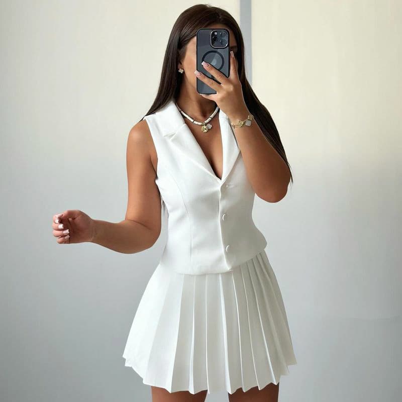 African Spring/Su New European American Women's Outfit: Sleeveless Vest And Pleated Short Skirt Two-Piece Set For