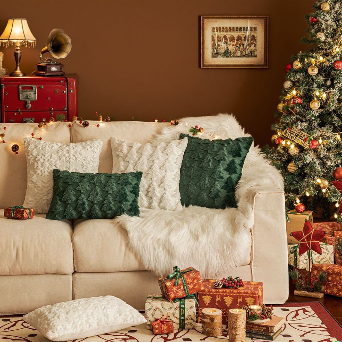 Christmas Throw Pillow Covers With Snowflakes & Tree Patterns, Festive Holiday Decor For Sofa, Couch, Bed, Party, Nordic Style, 45x45cm & 40x40cm​