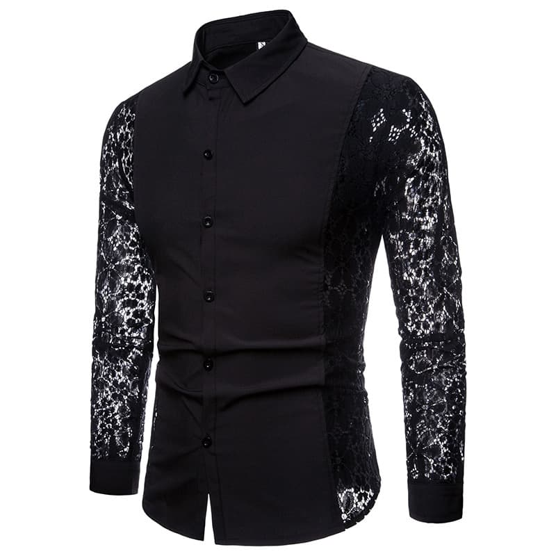 2024 foreign trade spring and autumn style arm full lace splicing casual shirt solid color fashion men's long-sleeved lapel shirt